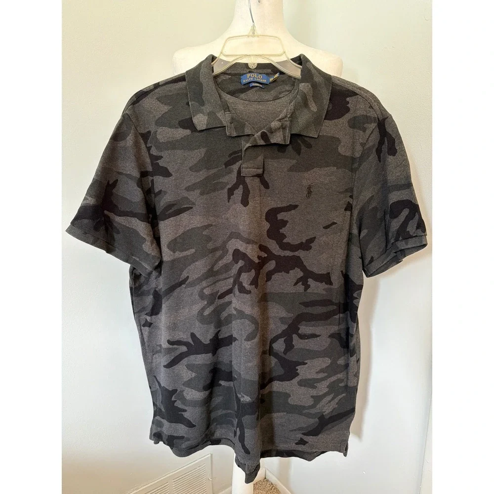 Polo Ralph Lauren Mens XXL Classic Fit Camo Polo Shirt Grey Black Camouflage